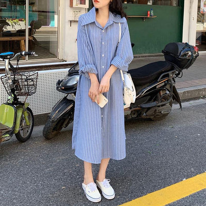 Female Vintage Contrast Striped Shirt Holiday Dress Spring Slim Knee Length Long Sleeve Casual Dress