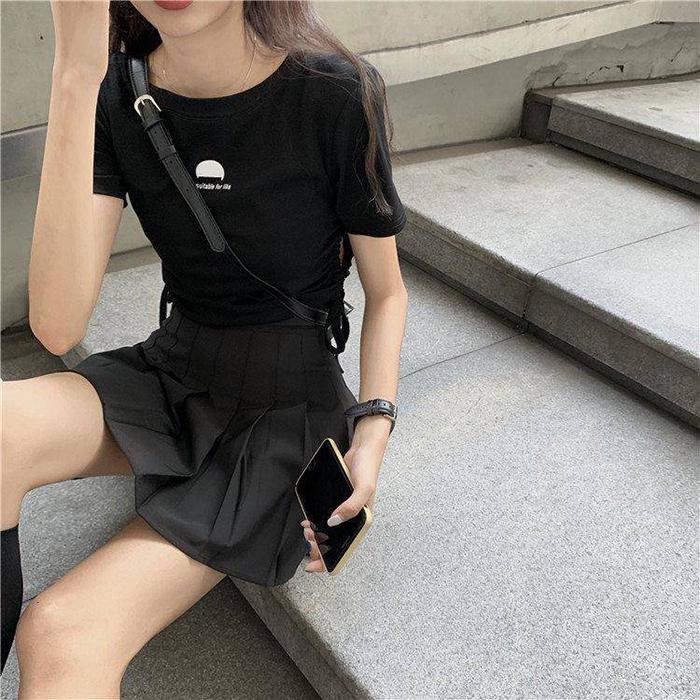 Women High Waist Thin Pleated Skirt School Uniforms Anti-lightening Solid Color Mini A-line Skirt