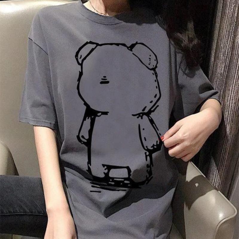 Cotton Short-sleeved T-shirt Women's Loose Korean Style Fashion Solid Color Bear Half-sleeve Top Clothes