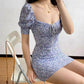 French Dress Lace Up Puff Sleeves Thin Waist Floral Midi Dress