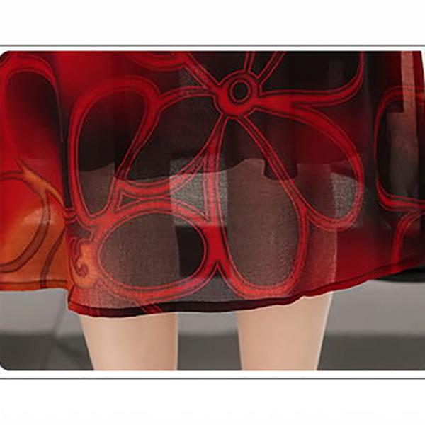 Middle-aged and Elderly Women's Summer Dress Large Size Chiffon Print Round Neck Short Sleeve Skirt