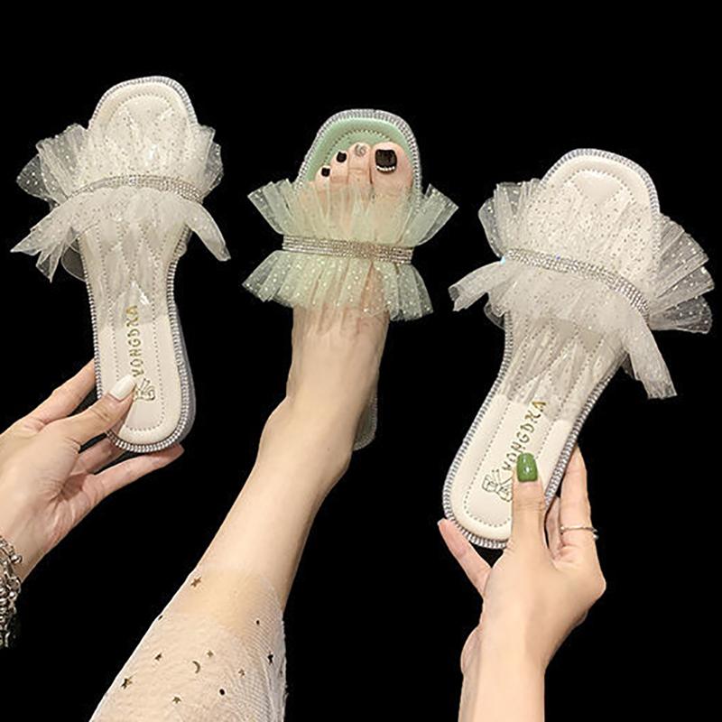 Mesh Bright Diamond Small Fragrant Style Slippers for Women's Outer Wear, Fashionable and Versatile Flat-bottomed Hong Kong Style Sandals