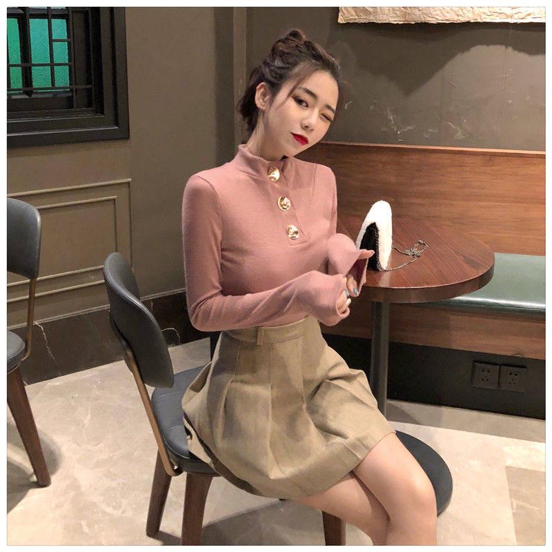 Fashion Sweater Women's Button Design Autumn and Winter Wild Slim Bottoming Sweater