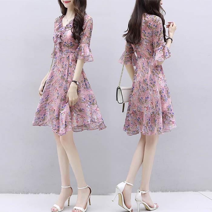 Pofulove S-3XL Women V-neck Chiffon Floral Dress Office Lady Short-sleeved Mid-length A-line Dress