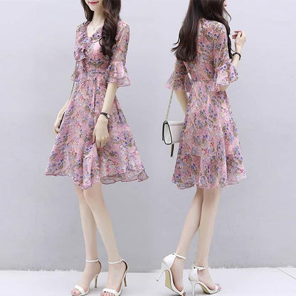 Pofulove S-3XL Women V-neck Chiffon Floral Dress Office Lady Short-sleeved Mid-length A-line Dress