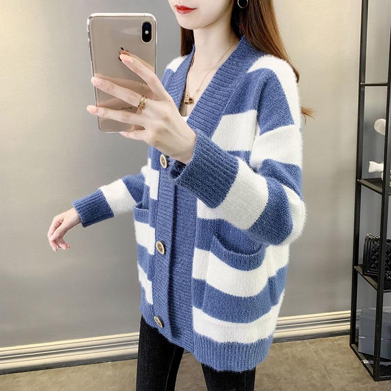 Autumn and Winter Mohair Jacket Loose-fitting Outer Wear Cardigan Jacket Striped Pattern Simple Female Jacket
