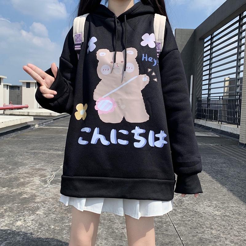 Anime Sweatshirt Japan Cartoon Hooded Tops Oversized Streetwear Harajuku White Long Pullovers Hoodies Plus Size Loose Thick Fleece Fall Winter Hoodies
