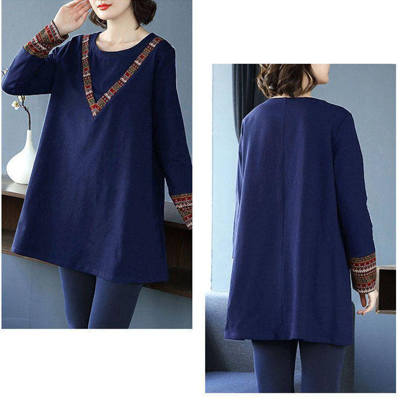 Women's Fashion Casual Tops Splicing Ethnic style Long Sleeve Ladies Loose O-Neck Sweatshirt Pullovers