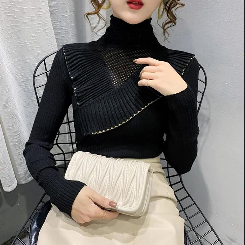 Ruffled Half Turtleneck Sweater Women  Autumn  Winter Wear Lace Style Self-cultivation Hollow Knit Bottoming Shirt Top