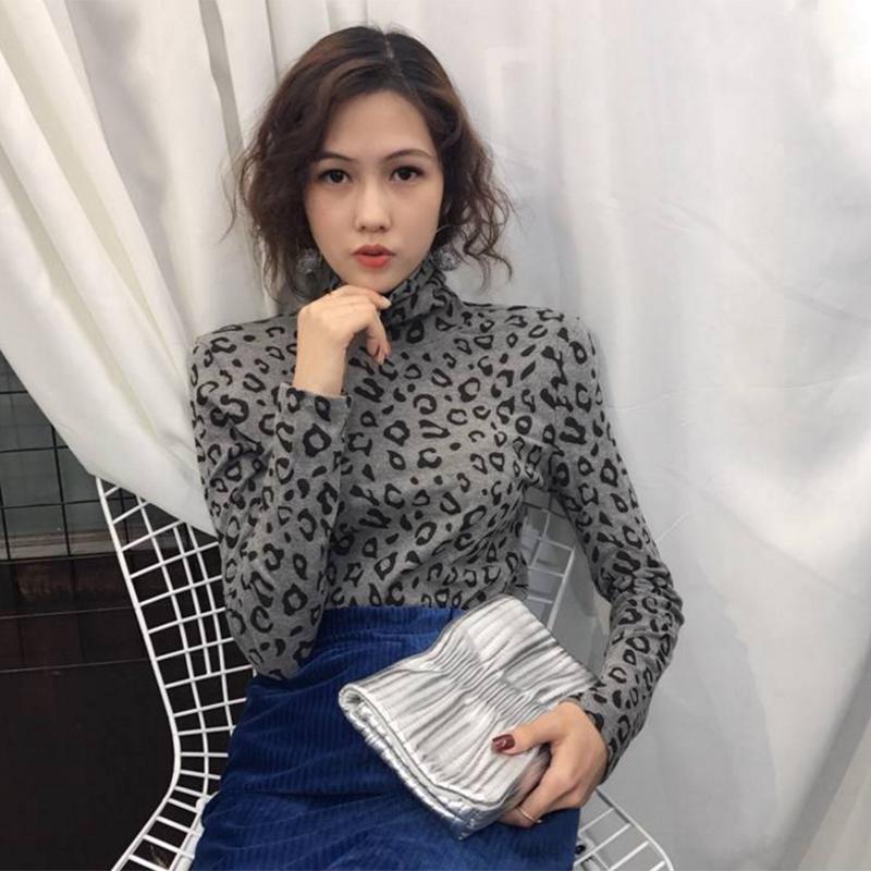 Pofulove Women's Long Sleeve Leopard Warm Slim Wild Thin Plus Fleece Top Turtleneck Bottoming Shirt