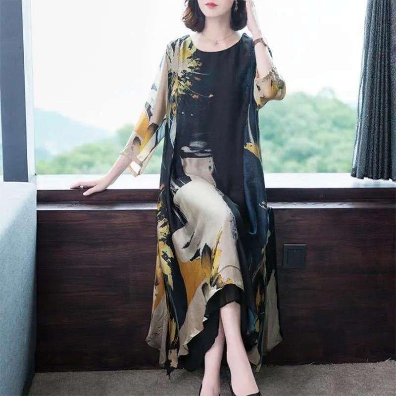 Summer Women's Dress Middle-aged Mother 3/4Sleeve Round Neck Printing Mid-length Daily Wear