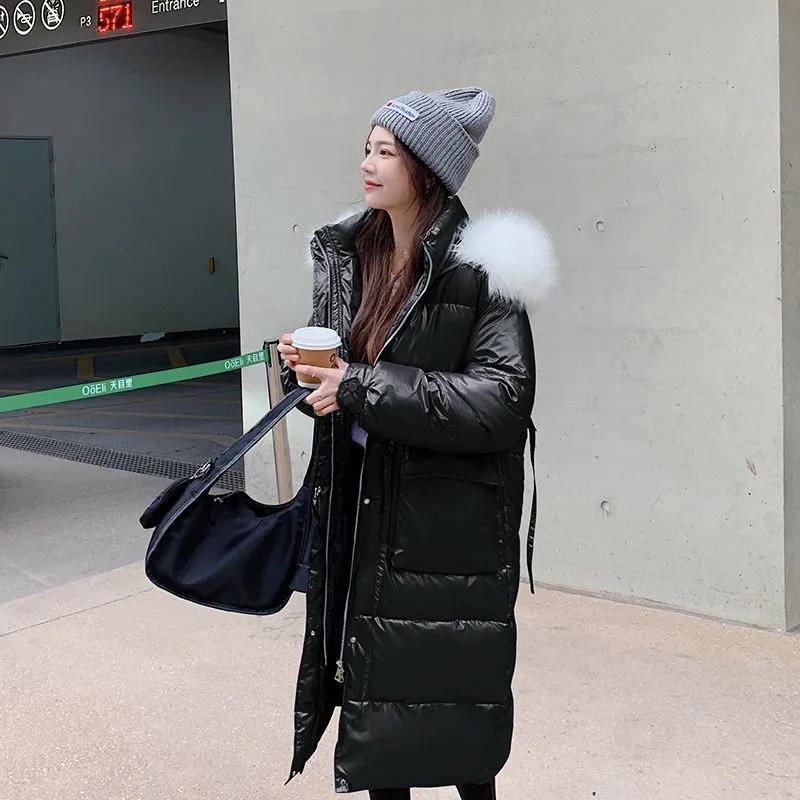 Shiny Down Cotton Jacket Fashion Color Hooded Jacket Winter Thicken Warm Long Over-the-knee Cotton Jacket Suitable for Women