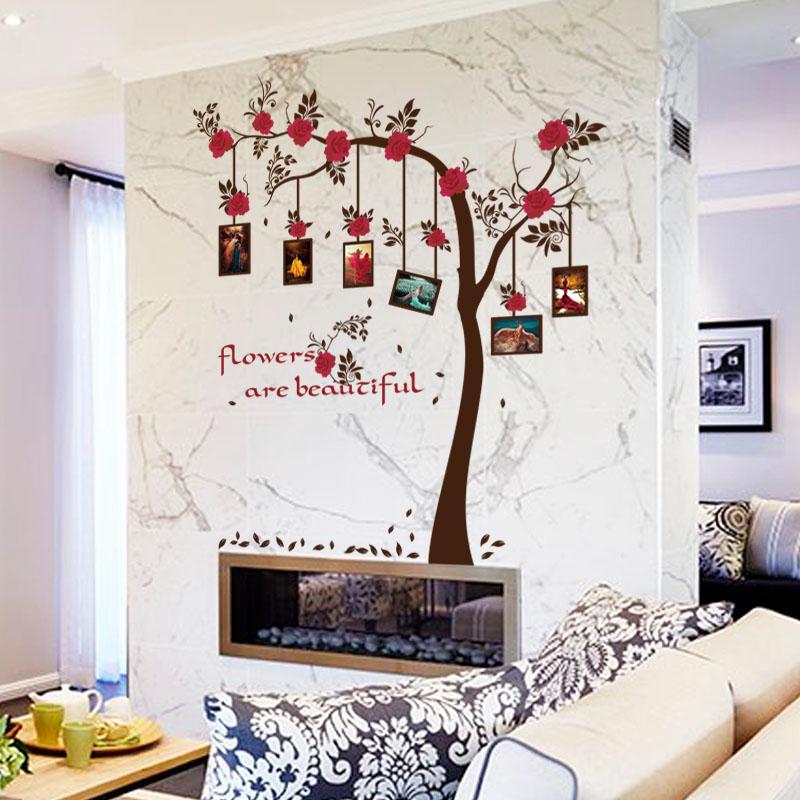 [Wall sticker ]Red Flowers Frame Tree Wall Stickers Home Decor Living Room Bedroom Art Decoration De