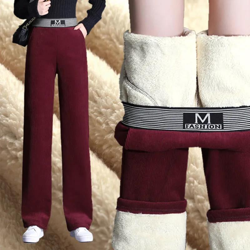 Plus Velvet Thickened Cord Velvet High Waist Wide Leg Pants Autumn Winter Loose Slim Fell In Straight Pants