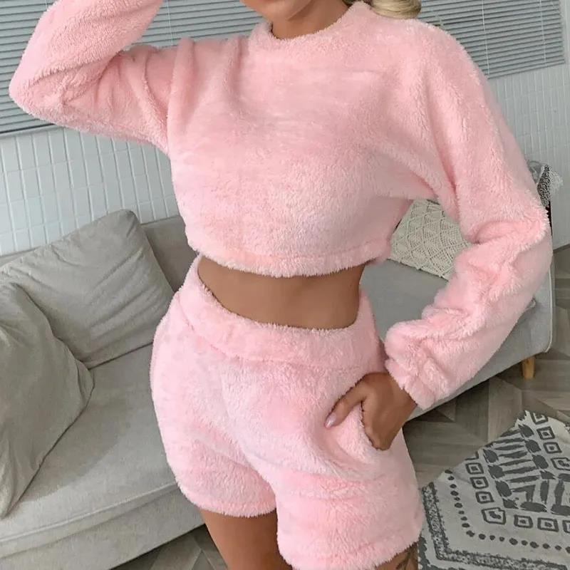 Women's Coral Fleece Double-sided Fleece Homewear Long-sleeved Top Shorts Suit Sexy Sports Outerwear Pajamas Set Winter Warm Pyjamas Suits