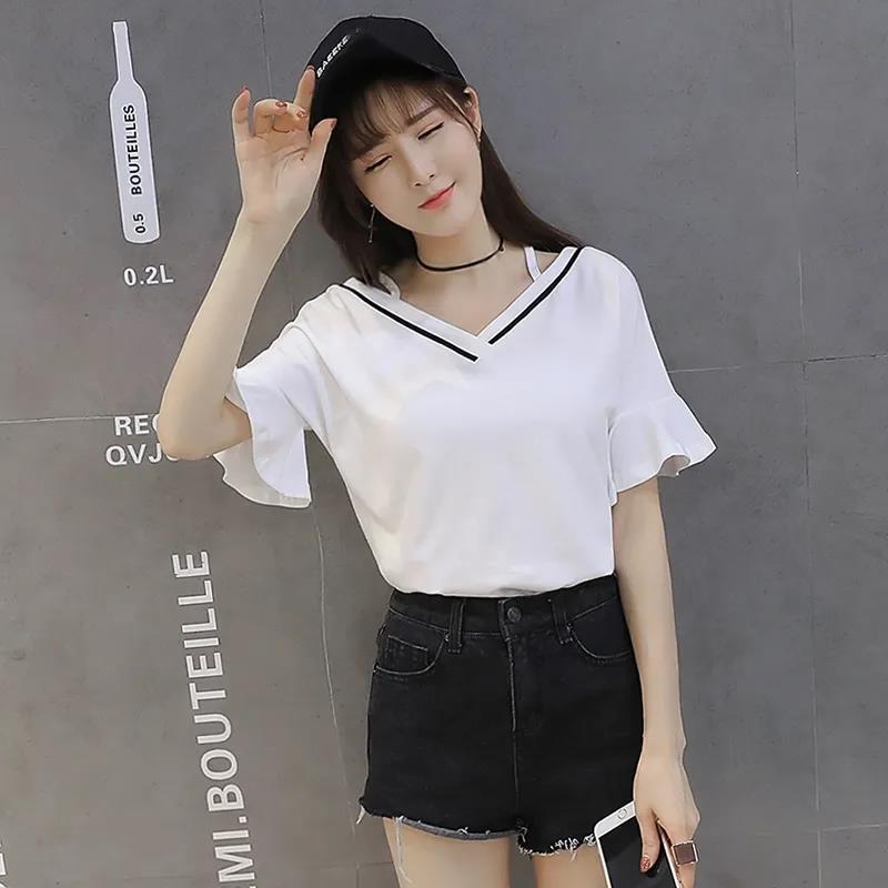 V-neck T-shirt Women Loose Shoulder Short-sleeved Off-shoulder Open Back Flared Sleeve Top Clothes Bottoming Shirt Compassionate Sweet Style