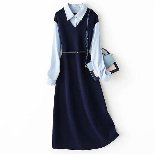 Fake Two-piece Spliced Knitted Warm Dress Female Autumn A-line Version Waist High-end Slim Temperament Long Skirt