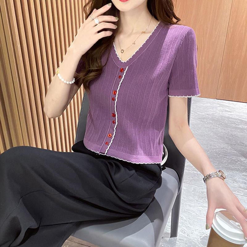 Summer Short Sleeve Women's Solid Color V-neck T-shirt