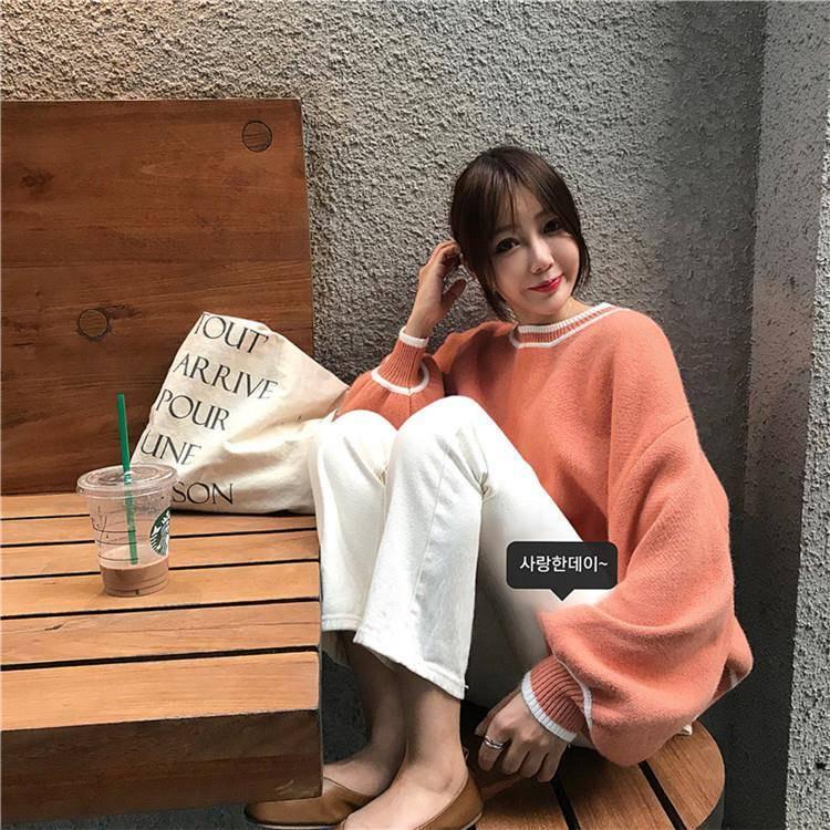Pofulove Long-sleeved Sweater Female Lantern Sleeve Korean Loose Was Thin Sweater Coat Autumn Winter