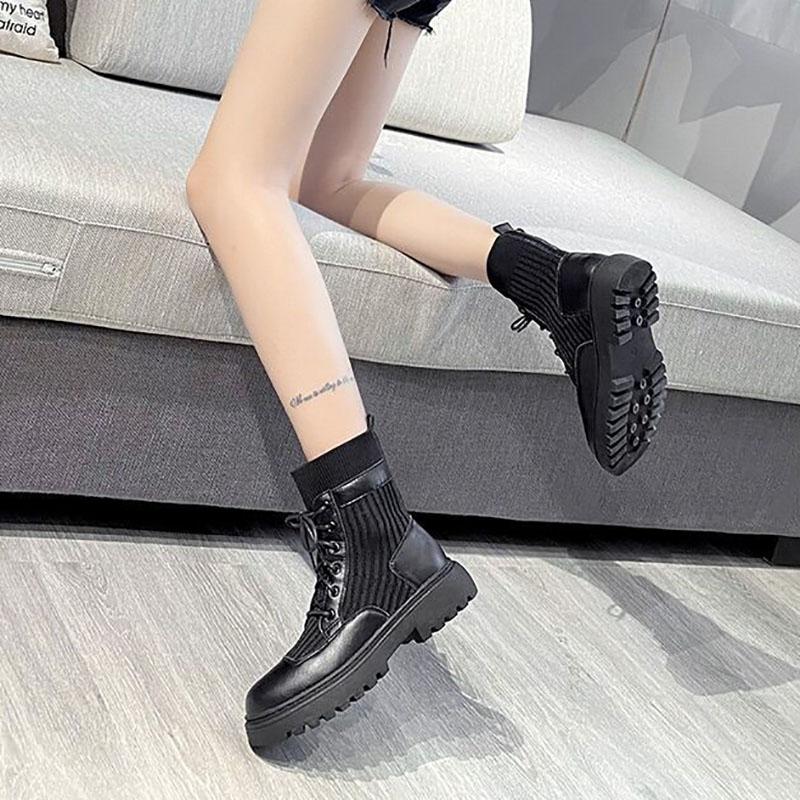 Martin Boots Women's Spring and Autumn Boots Korean Style Wild Breathable British Style Lace-up Ankle Plush Boots