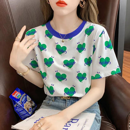 Sweet Round Neck Printed T-Shirt Women's Short Sleeve Summer Loose Top
