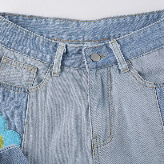 European and American Flower Pattern Jeans Women's High Waist Slim Slim Fashion Casual All-match Trousers Women's Trend