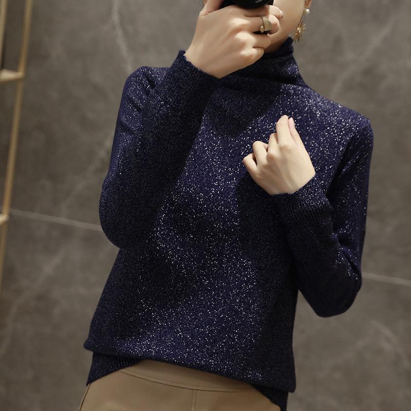 Women Solid Shiny Lurex Sweaters Autumn Winter ladies Long Sleeve Pullover Tops Heaps Collar knit Sweater