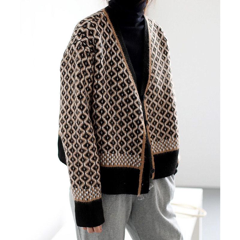 Autumn European and American Style Jacket Short V-neck Knitted Top Cardigan Loose Women Sweater