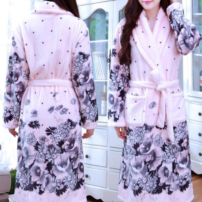 Ladies Pink Pajamas Daisy Print Bathrobe Winter Thick Warm Homewear Home Clothes Quick-drying Robe Coat Long
