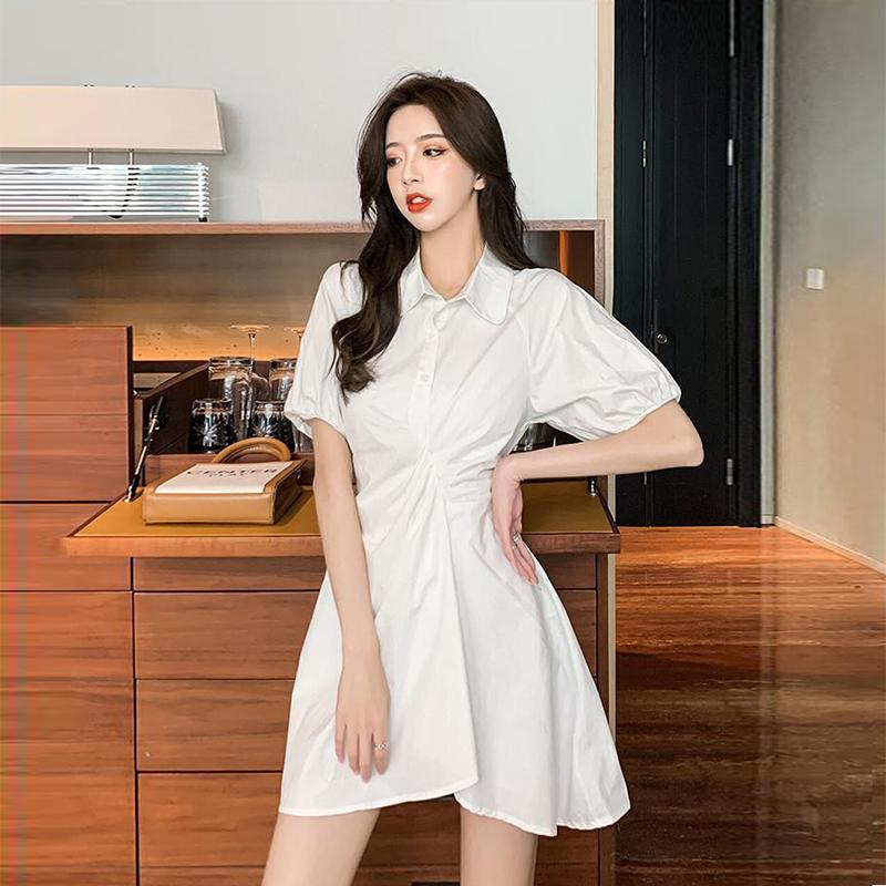 Summer Solid Color Temperament Puff Sleeve Pleated Short Sleeve Design Shirt Dress