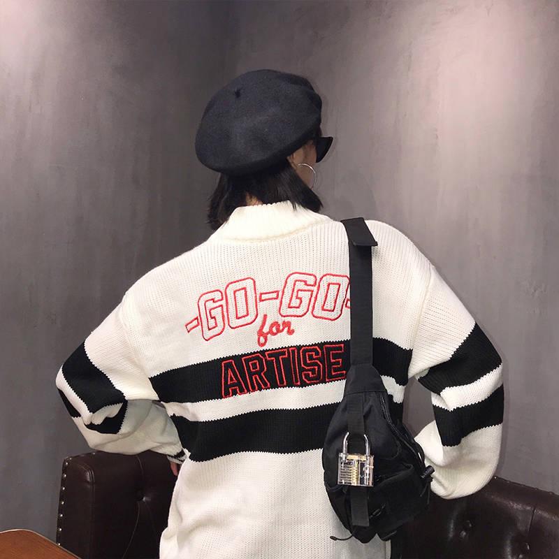 Color Matching Half Turtleneck Female Autumn and Winter Loose Embroidery Thick Knit Coat