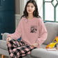 Coral Fleece Pajamas Women Autumn Winter Sleepwear Thick Warm Velvet Homewear Top and Pant Suit Cartoon Cute Nightwear O Neck Pullover Long Sleeve