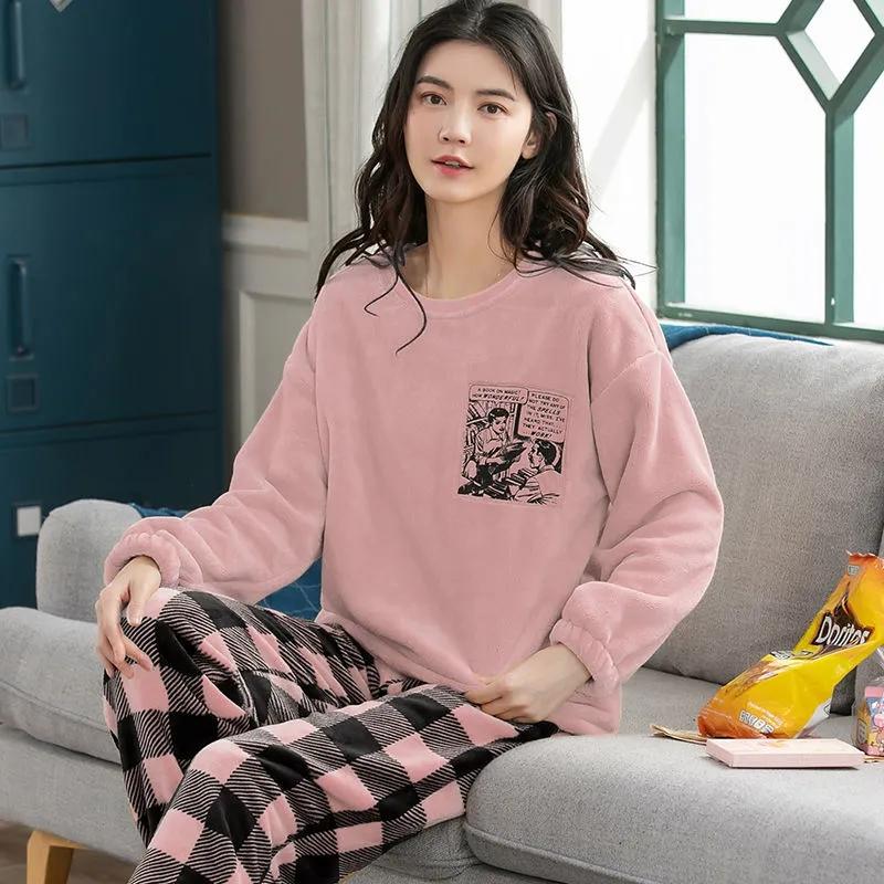 Coral Fleece Pajamas Women Autumn Winter Sleepwear Thick Warm Velvet Homewear Top and Pant Suit Cartoon Cute Nightwear O Neck Pullover Long Sleeve
