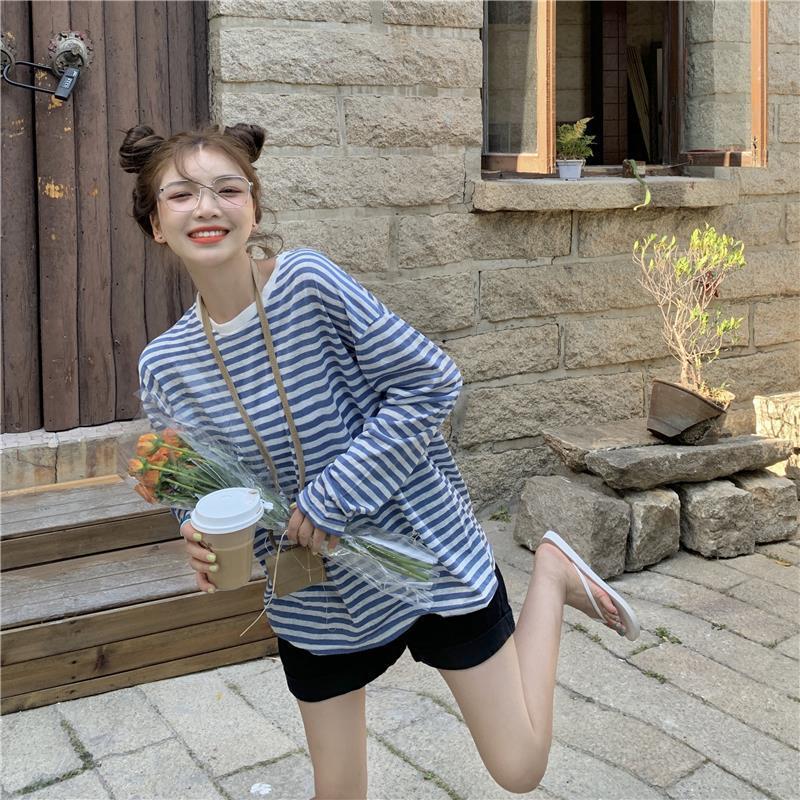 Fall Version of striped Loose Simple Long-sleeved T-shirt Women Simple top Blouse Tee