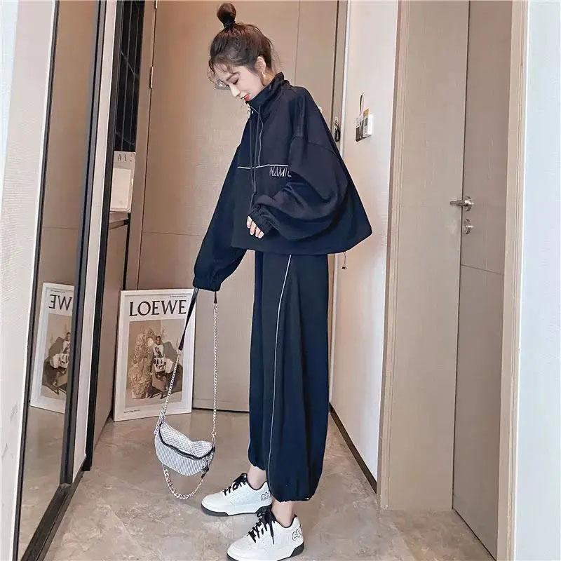 2PCS Women's Casual Sportswear Suit Korean Version Loose Zipper Cardigan + Wide-leg Trousers Two-piece Women's Slimming Fitness Suit