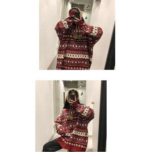 Autumn and Winter Cherries Red Jacquard Christmas Sweater Women Loose-fitting Pullover Sweater