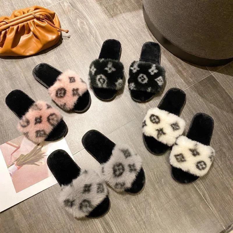 Slippers for Women Winter Fur Cotton Slides Open Toe Luxury Designer Indoor Soft Lady Slippers Shoes Leopard Sexy Female Winter Slipper Plus Size