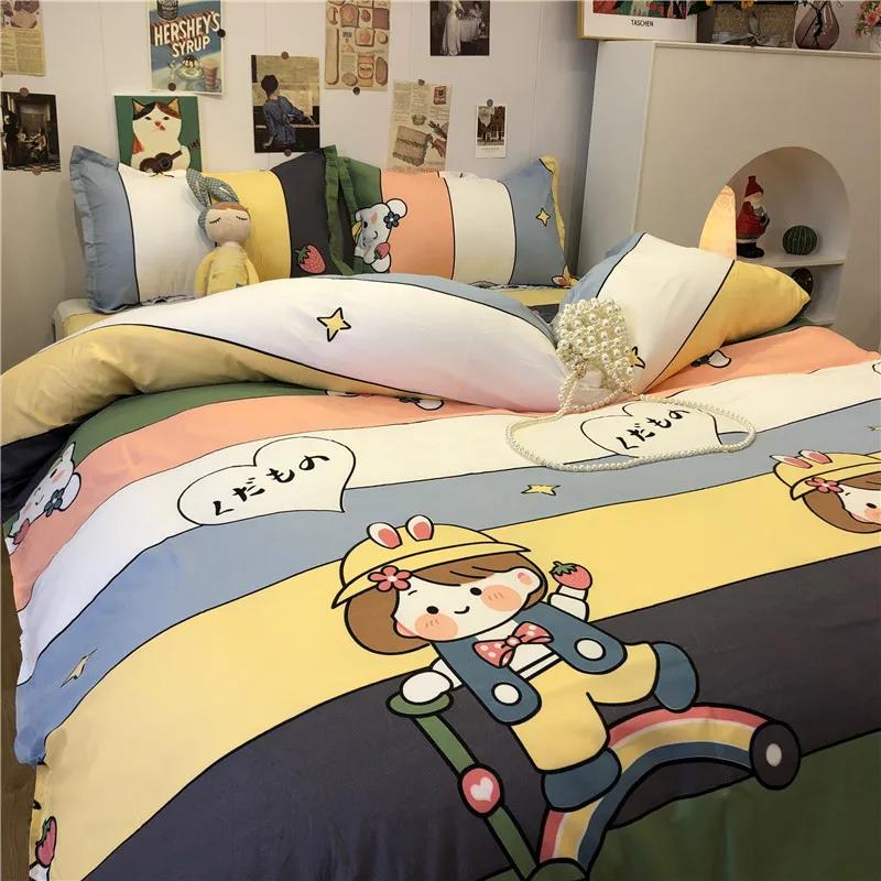 Ins Lattice Cartoon Girl Heart Bedding Four-piece Student Dormitory Three-piece Single Bed