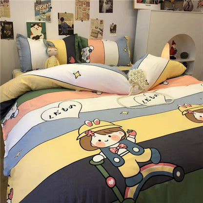 Ins Lattice Cartoon Girl Heart Bedding Four-piece Student Dormitory Three-piece Single Bed