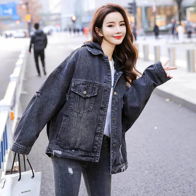 Loose Hooded Denim Jacket Women's Spring and Autumn Models with Broken Holes Embroidered Thin Black Jacket Top Trend