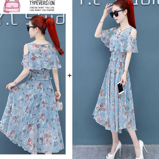 Temperament Floral Dress Women's Summer All-match Off-the-shoulder Waist-swinging Mid-length Chiffon A-line Skirt Fabric Light and Breathable