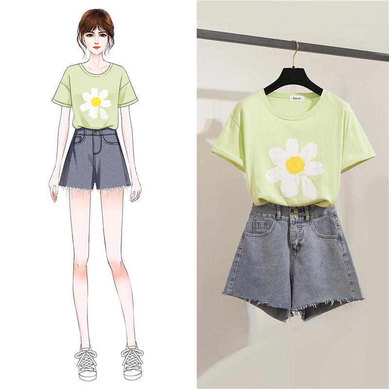 Pofulove Women Shorts Set Summer Embroidered Shirt Short Sleeve T-shirt High WaistRipped Denim Shorts 2 Piece Set for Teen Girl