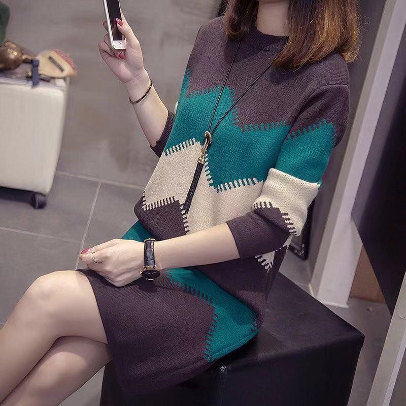 Mid-length Pullover Sweater Women All-mach Loose Large Size Thick Knitted Sweater dress Autumn Winter