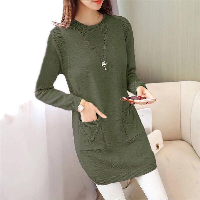Lazy Style Slim-fit Sweater Women Loose Autumn and Winter Mid-length Knitted Bottoming Shirt Solid Color Round Neck Warm Sweater