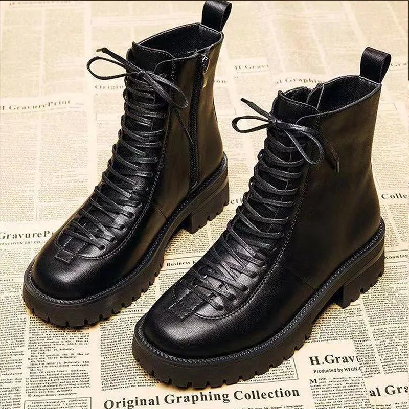 Retro Brown Martin Boots Women Autumn and Spring British Style Leather All-match Thick-soled Short Boots Women Single Shoes Waterproof Boots