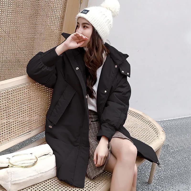 Winter Down Jacket Fashion Slim Zipper Hooded Cotton Jacket Women's Mid-length Solid Color Plus Size Down Coat
