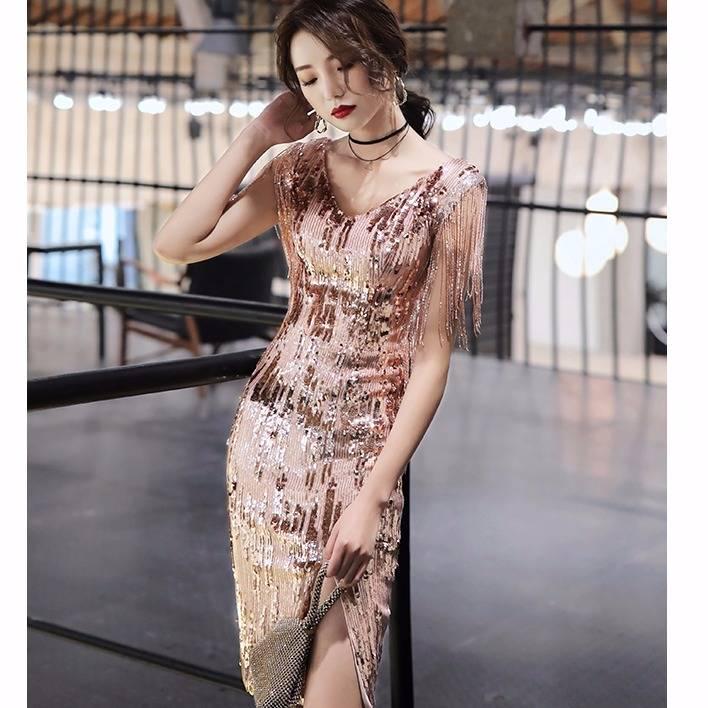 Sequined Evening Dress Female Gas Field Queen Fashion Short Slim Sexy Party Banquet Host Dress