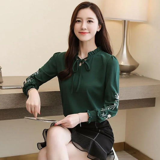 Embroidery Flowers Women Shirts Tops Long Sleeve Casual Chiffon Blouse Stand Collar Plus Size Shirt