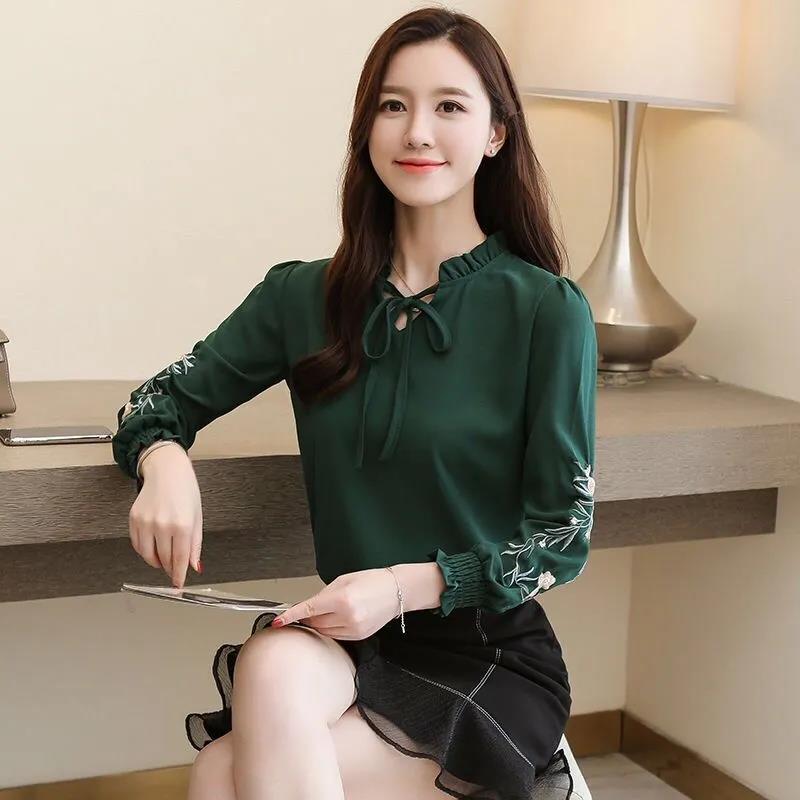 Embroidery Flowers Women Shirts Tops Long Sleeve Casual Chiffon Blouse Stand Collar Plus Size Shirt