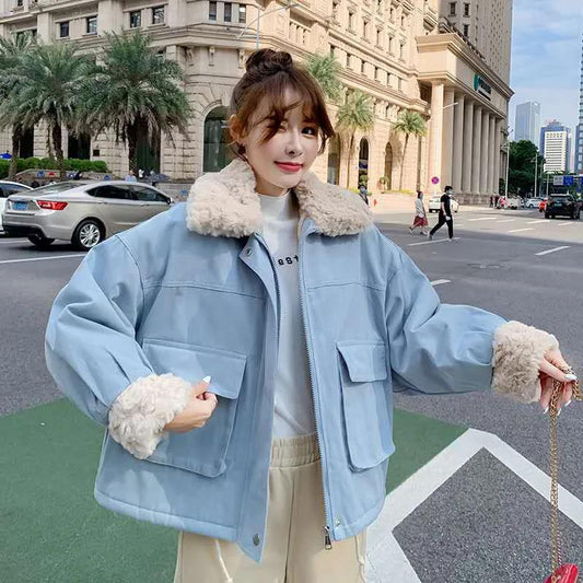 Women's Cotton-padded Jacket Japanese Sweet Coat Women's Lamb Wool Bread Coat Loose Women's Short Plus Velvet Warm Cotton-padded Coat